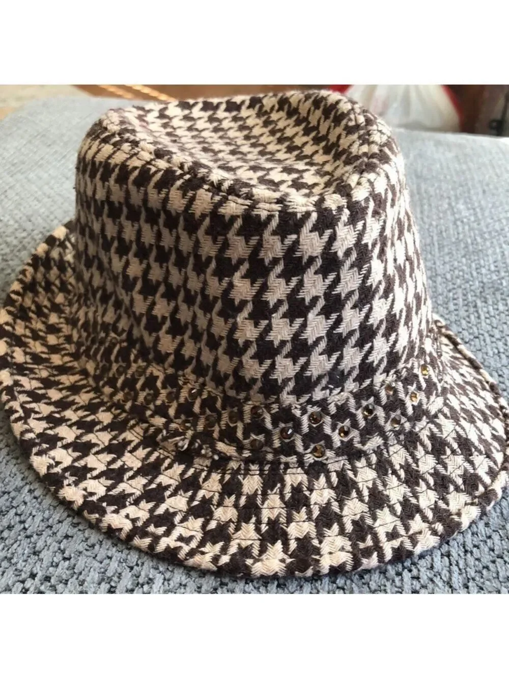 BROWN and beige houndstooth Fedora.